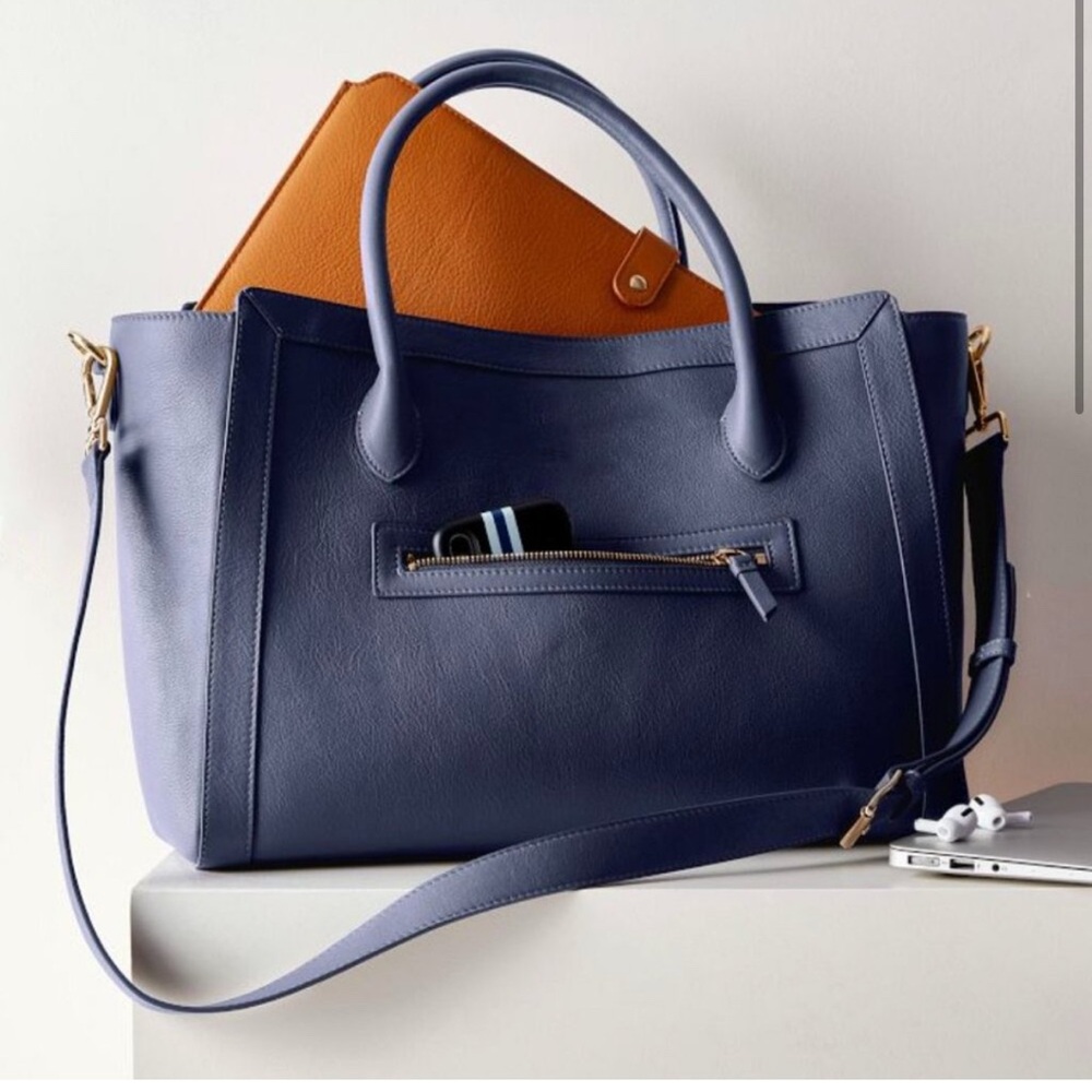 Classic Navy Leather Tote Bag with Detachable Strap